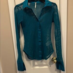 Teal Mesh Button-Up Women's Top